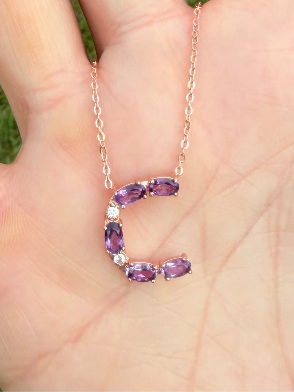 Initial “C” Necklace Natural Purple Amethyst & Zircon 18K Rose Gold Overlay 20”